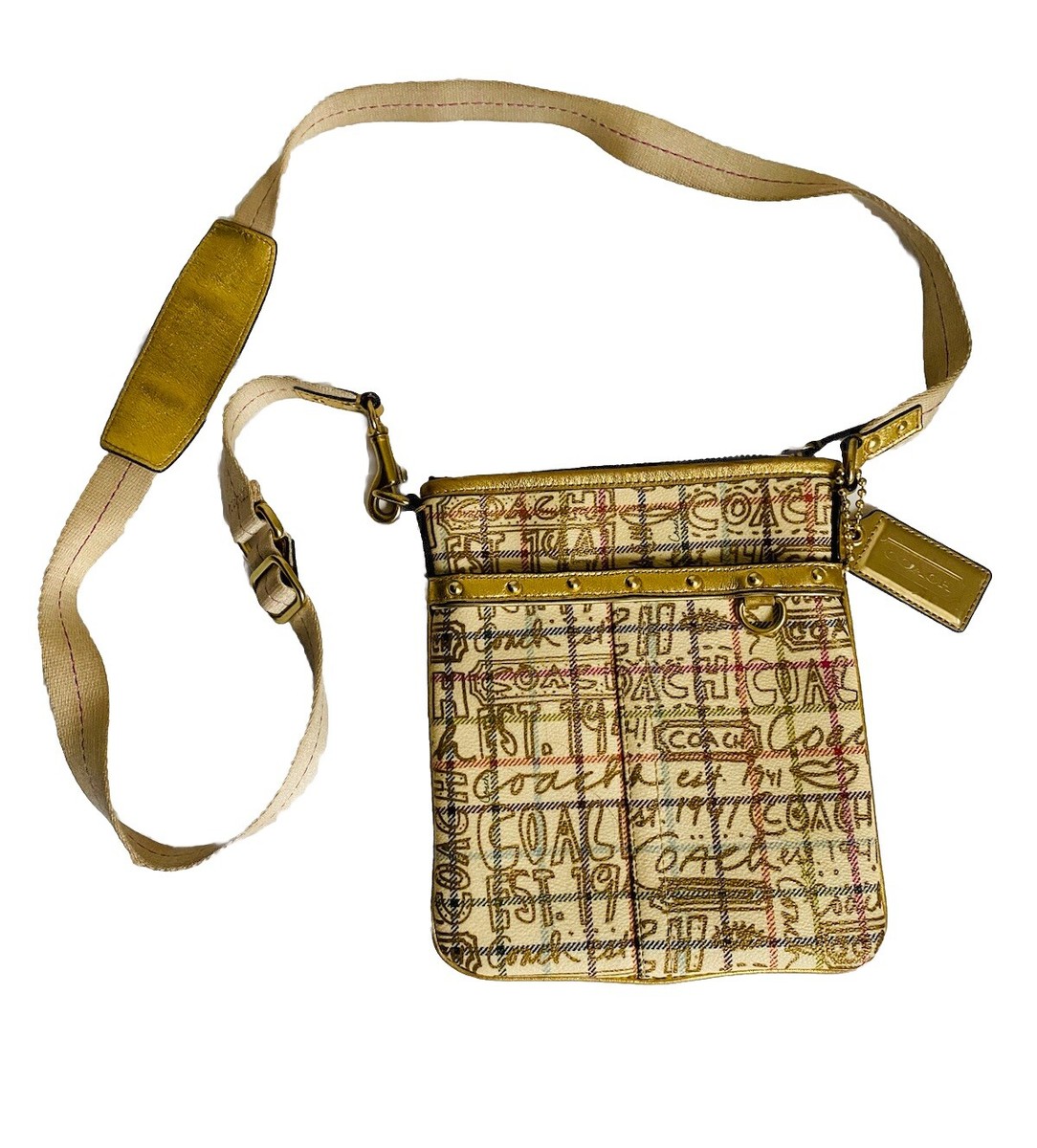 バッグ COACH Tattersall Graffiti Swingpack Crossbody Bag Heritage Purse