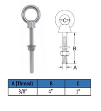 Stainless Steel Marine 3/8'' x 4'' Shoulder Eye Bolt SS316 Fully 