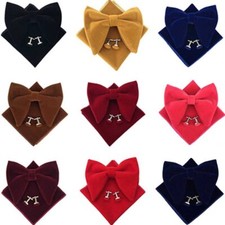 Men Solid Large Velvet Bow Tie Cufflinks Pocket Square Handkerchief Set