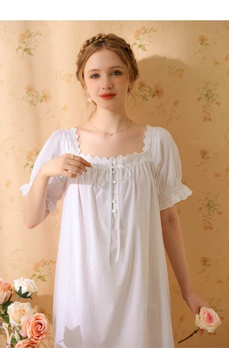 Damen Baumwolle Nachthemd Kurzarm eckiger Ausschnitt Pyjama Schlafkleid - Bild 24 von 34