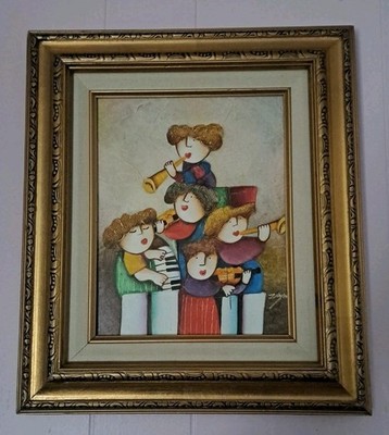 Joyce Roybal 5 Children Musicians Painting Signed With Frame. 
