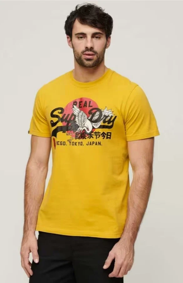 Superdry Mens Crew Neck T-Shirt Vintage Graphic Logo Tee Casual oil Yellow - Image 2 of 4
