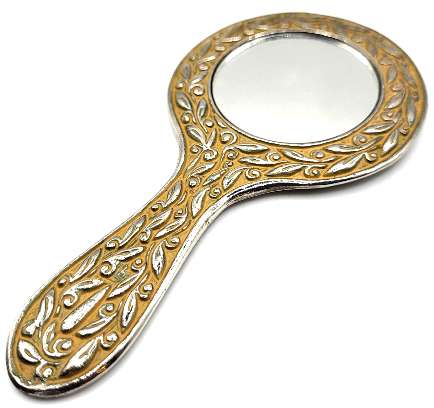 Antique Ornate Silver Plated Hand Mirror Vanity 5.5in, image size:1382x1301
