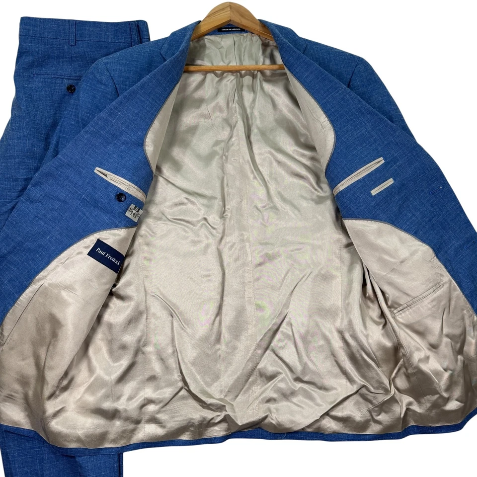 Paul Fredrick 2 Piece Suit Jacket Men 44S 36x25 Blue Wool Silk Linen Notch Lapel - Image 4 of 4