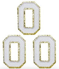 3Pcs Chenille Letters 0 Patches Large Size 80mm/3.15 Inch Golden Glitter White