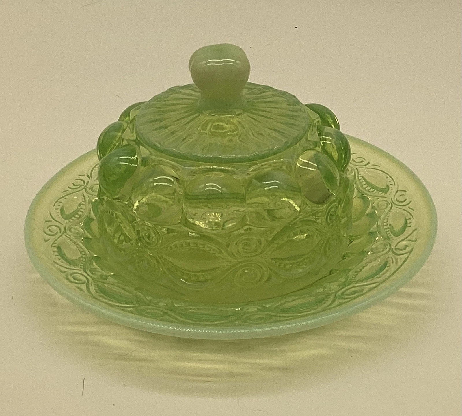 Rare Mosser Glass Opalescent Eye Winker Butter Dish- Amazing Glow