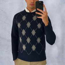 J.Crew Men  s 100 Lambswool Argyle Crewneck Sweater Navy Blue Size M