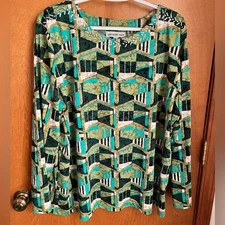 1X Stretch Knit Top Beaded Neckline Green Multi 