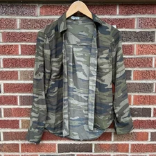 Express Green Camouflage Collared Button Down Chiffon Blouse Top