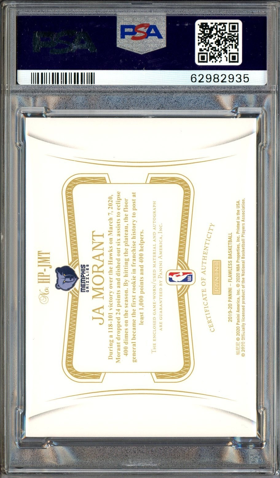 2019-20 Panini Flawless Ja Morant RPA RC Rookie Patch 7/25 PSA 9 PSA/DNA 10 AUTO view 2