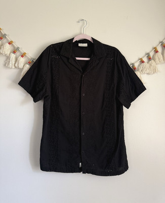 Larsson & Co Mens Embroidered Eyelet Button Up Camp Shirt Resortwear Beach L