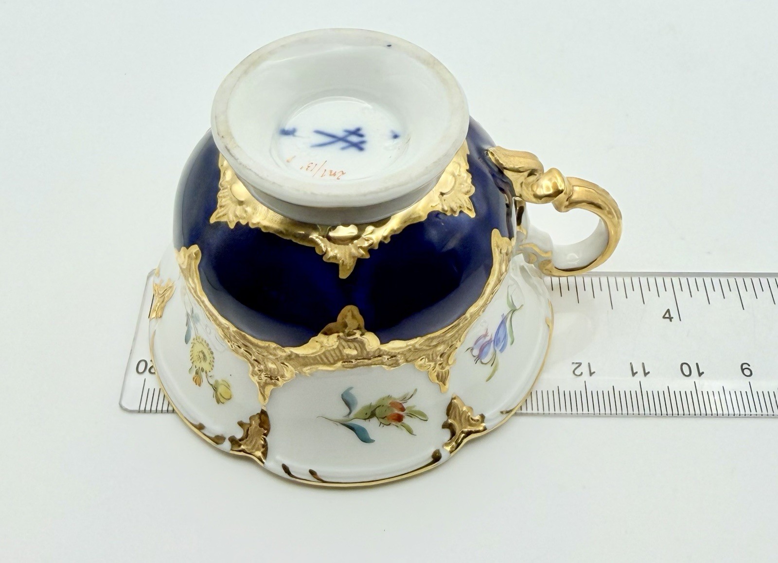 Antique Meissen Cobalt Blue Gold Floral B-Form Demitasse Cup & Saucer; Teacup