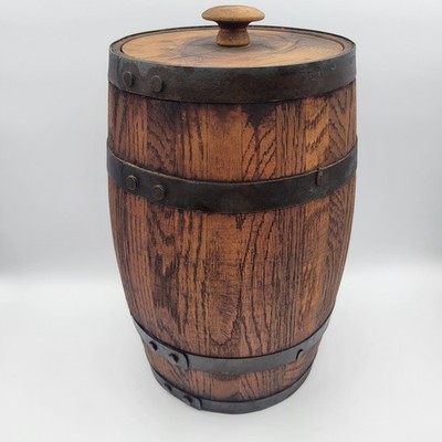 Small Wooden Whiskey Barrel Lid Metal Banded Oak Handmade Folk Art Vintage
