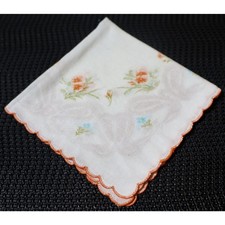 Vintage White Floral Handkerchief Scalloped Orange Edge Cotton Paisley