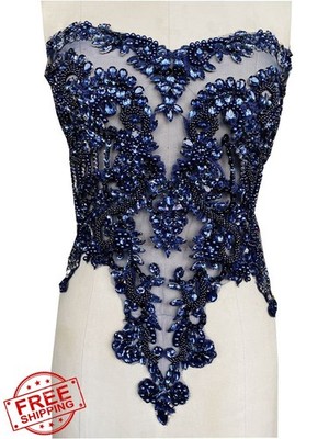 Deepblue Rhinestone Bodice Applique Lace Trim