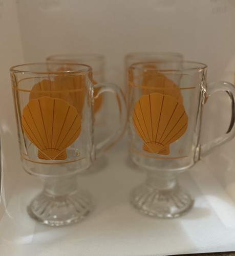 Vintage Clear Pedestal Mugs/w Orange Seal Shell Design Set Of 4 Beach, Nautical - Picture 2 of 6