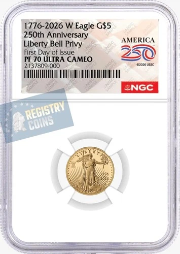 1776-2026 W Proof $5 American Gold Eagle 1/10 oz NGC PF70UC  First Day Bell