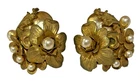 Early Vtg MIRIAM HASKELL BAROQUE PEARL FLOWER Clip Earrings-Gold Tone Filigree