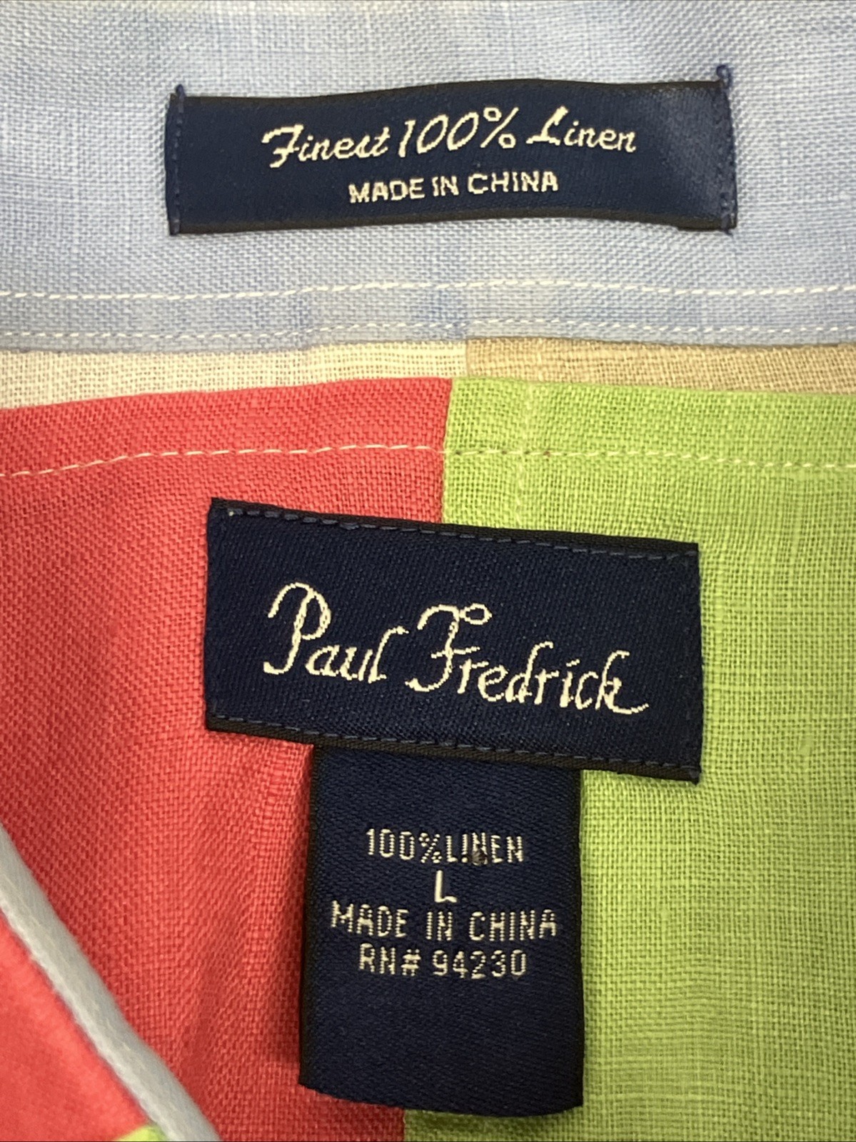 Linen Shirt Vibrant Patchwork Button Down Size La… - image 4