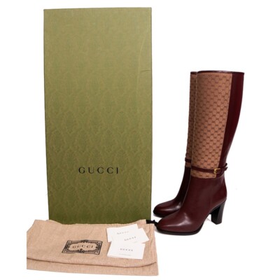 37 NEW $1590 GUCCI Micro GG Canvas Bordeaux Leather FINN KNEE RIDING BOOTS NIB