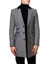Mens Herringbone Long Overcoat Retro Wool Mix Tailored Mid Length Coat Jacket