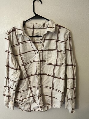 Universal Thread Shirt, Women's Size Medium, White Brown, Relaxed Fit, Button Up