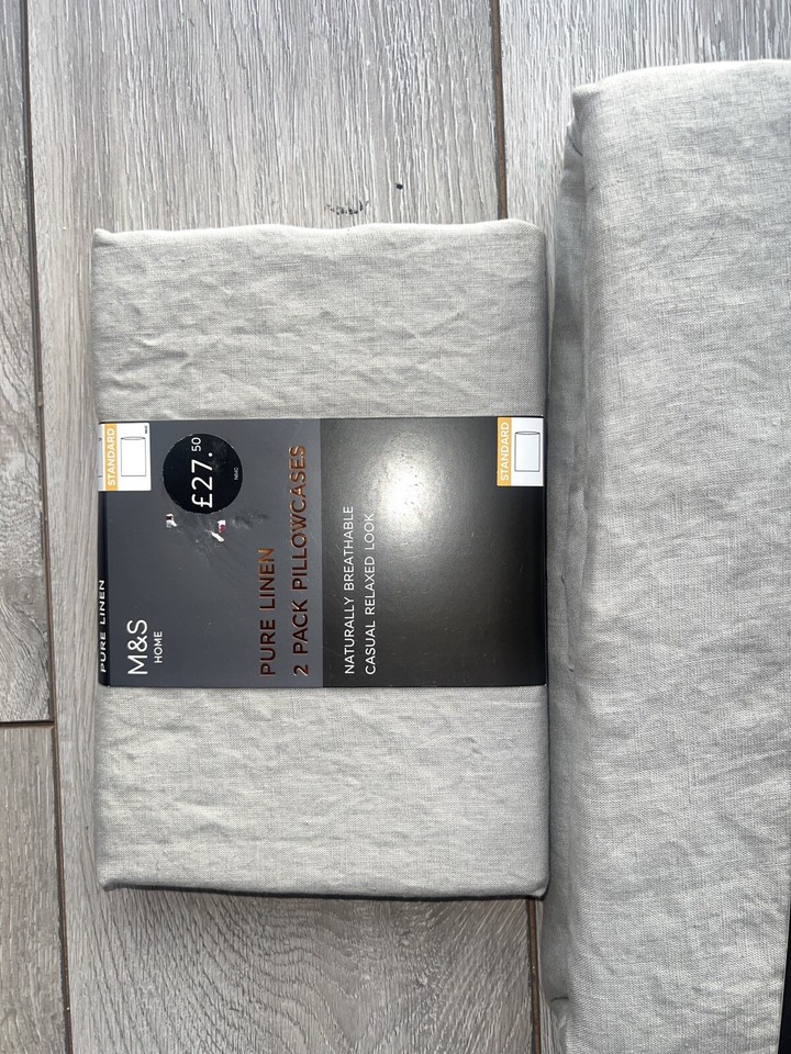 M&S King Size Deep Fitted bed Sheet Pure Linen + 2 pillowcases set Grey