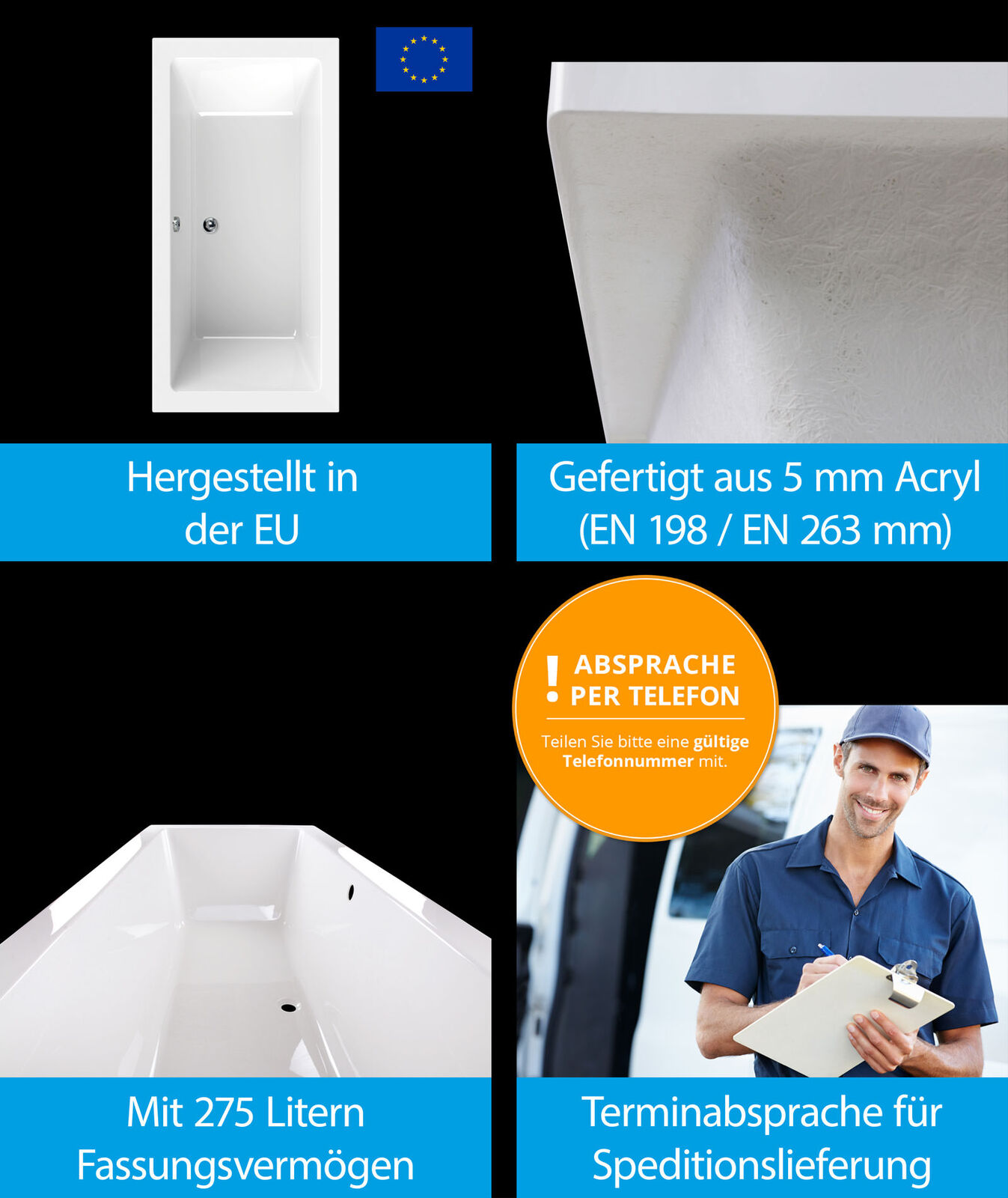 Acryl Badewanne für zwei 180x80 Duo-Badewanne 190x90 Weiß Komplett-Set 5 Größen