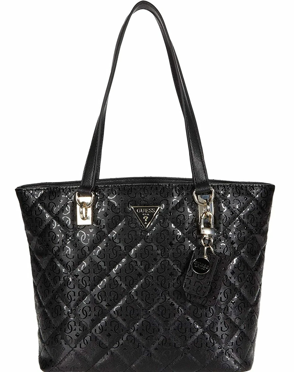 NUOVA GUESS borsa tote trapuntata da donna nera lucida logo