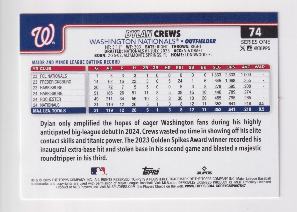 2025 Topps Series 1 #74 DYLAN CREWS RC Rookie Washington Nationals