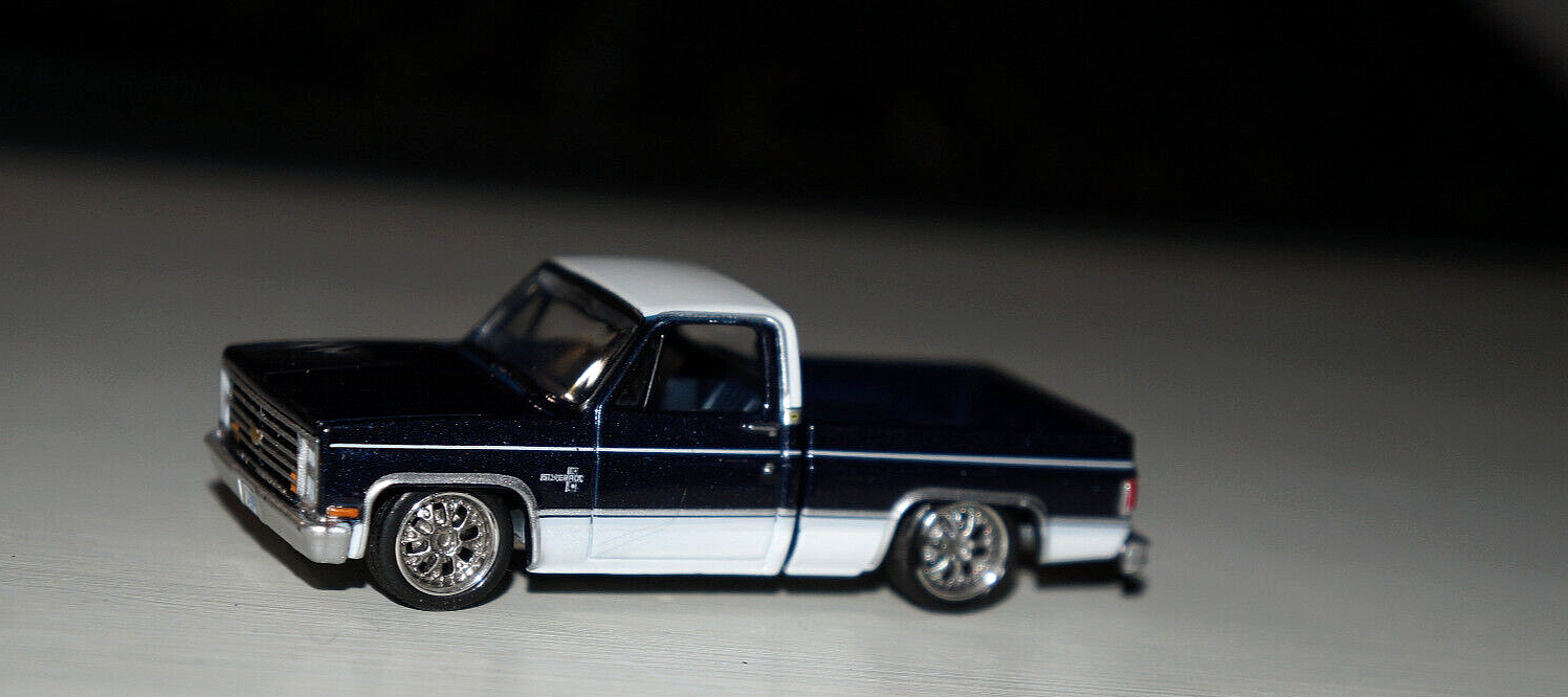 1985 Chevy Silverado Lowered Custom Wheels 1/64 Auto World Ltd Diecast Model Blu-image
