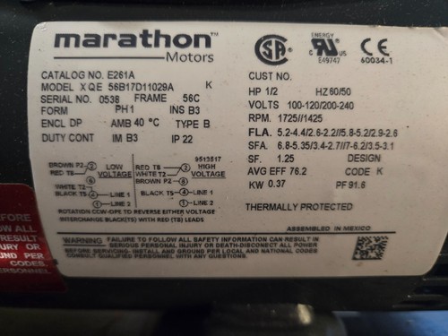 Marathon E261A Motor 1/2 HP 1800 Rpm 100-120/200-240 56C 56B17D11029A NEW $325 - Picture 6 of 6