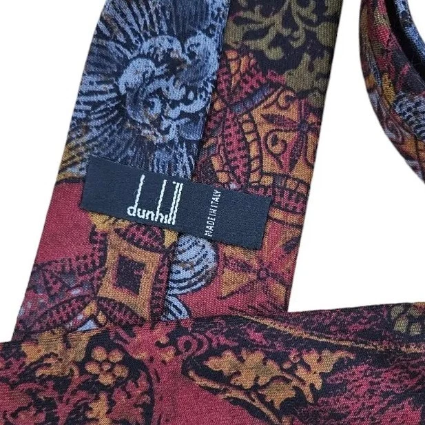 DUNHILL 羊毛羊绒领带意大利勃艮第花卉 W:3.6 英寸二手状况完好 — 第 2/4 张图片