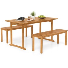 3 Pieces Outdoor Dining Set for 4 People, Patio Acacia Wood Table Bench Set