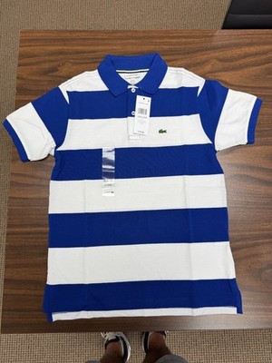 Lacoste Boys Polo Shirt Size 14 Blue & White Striped Croc Logo