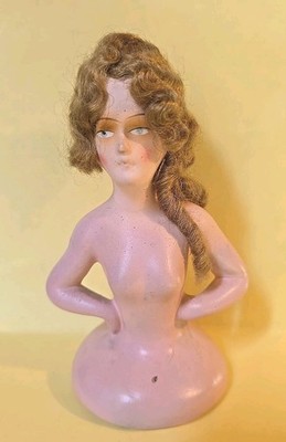 Antique ART DECO CHALKWARE HALF DOLL, BROWN HAIR, FOR PINCUSHION, GERMANY 1920s 