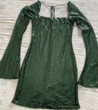 Green Sequin Square Neck Puff Long Sleeve Bod...
