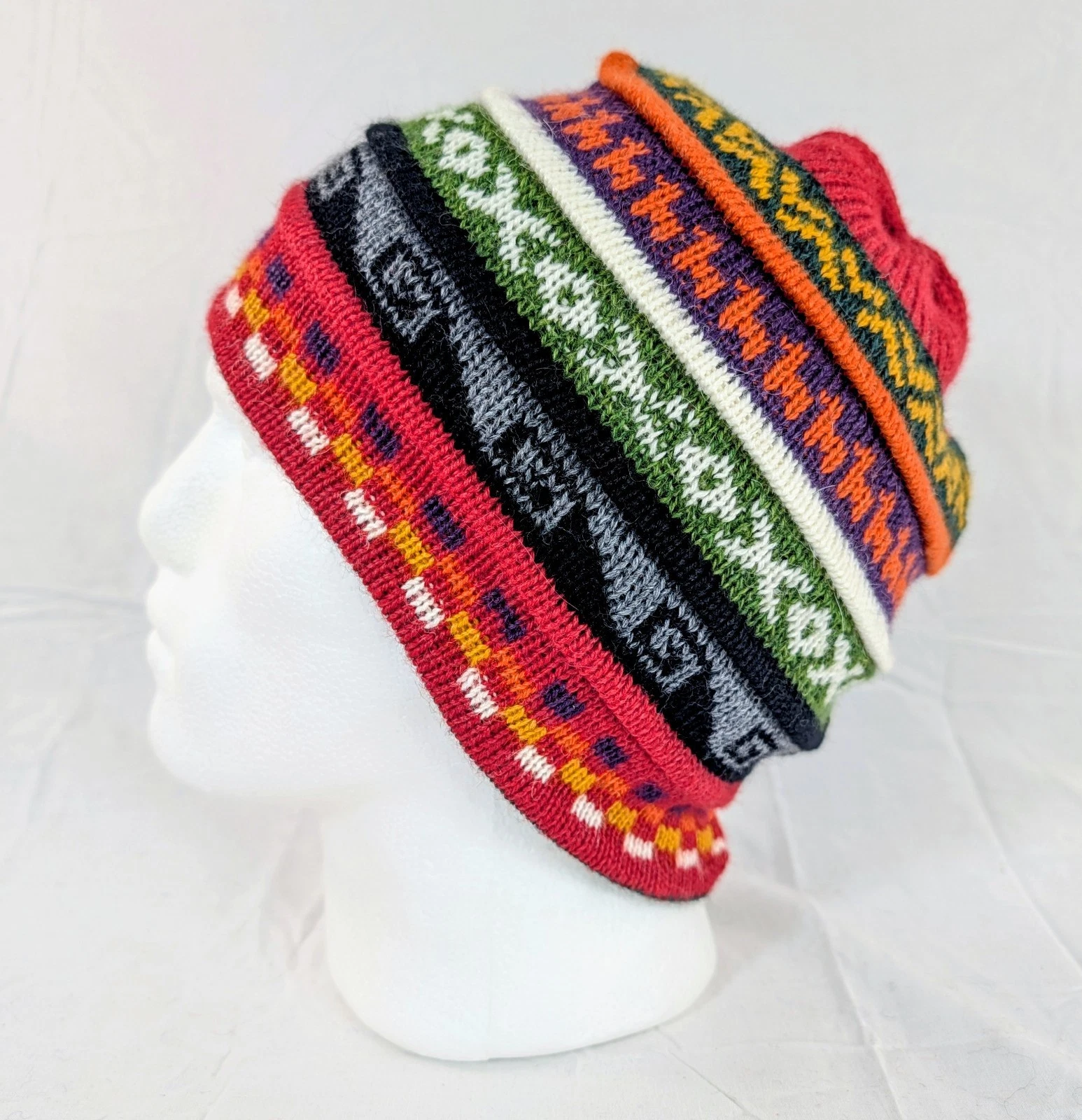 Soft Baby Alpaca Beanie Reversible Red Green Unisex Colorful Boho Llama Peru