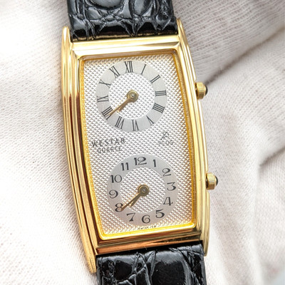 Westar Ladies Men's Dual Dial Square Watch Swiss Qz Gold Plated Rare New Battery