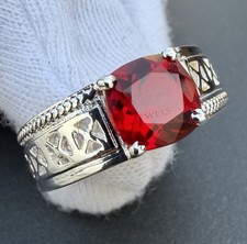 Solid 925 Sterling Silver Men's Ring with Red Garnet Gemstone Men's Ring