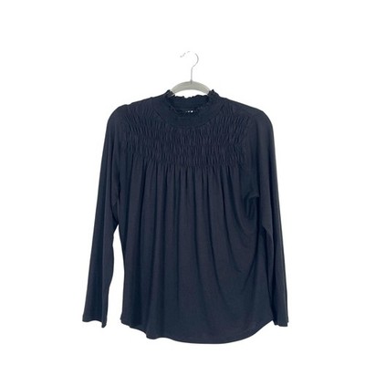 Sundance Gabrielle Dreamer Black Smocked Mock Neck Long Sleeve Top Sz Medium