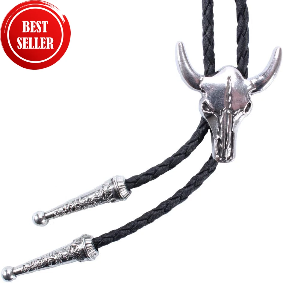 Western Vintage Bolo Tie for Men - Cow Skull Design Cowboy Tie - Black Leather B