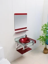 24" Wine Red Tempered Glass Bathroom Vanity Floating Sink-top Mirror Shelves set