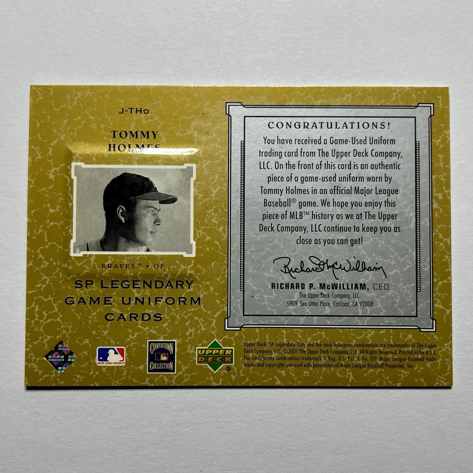 2001 Upper Deck SP Legendary Cuts Game-used Jersey Patch TOMMY HOLMES Braves view 2