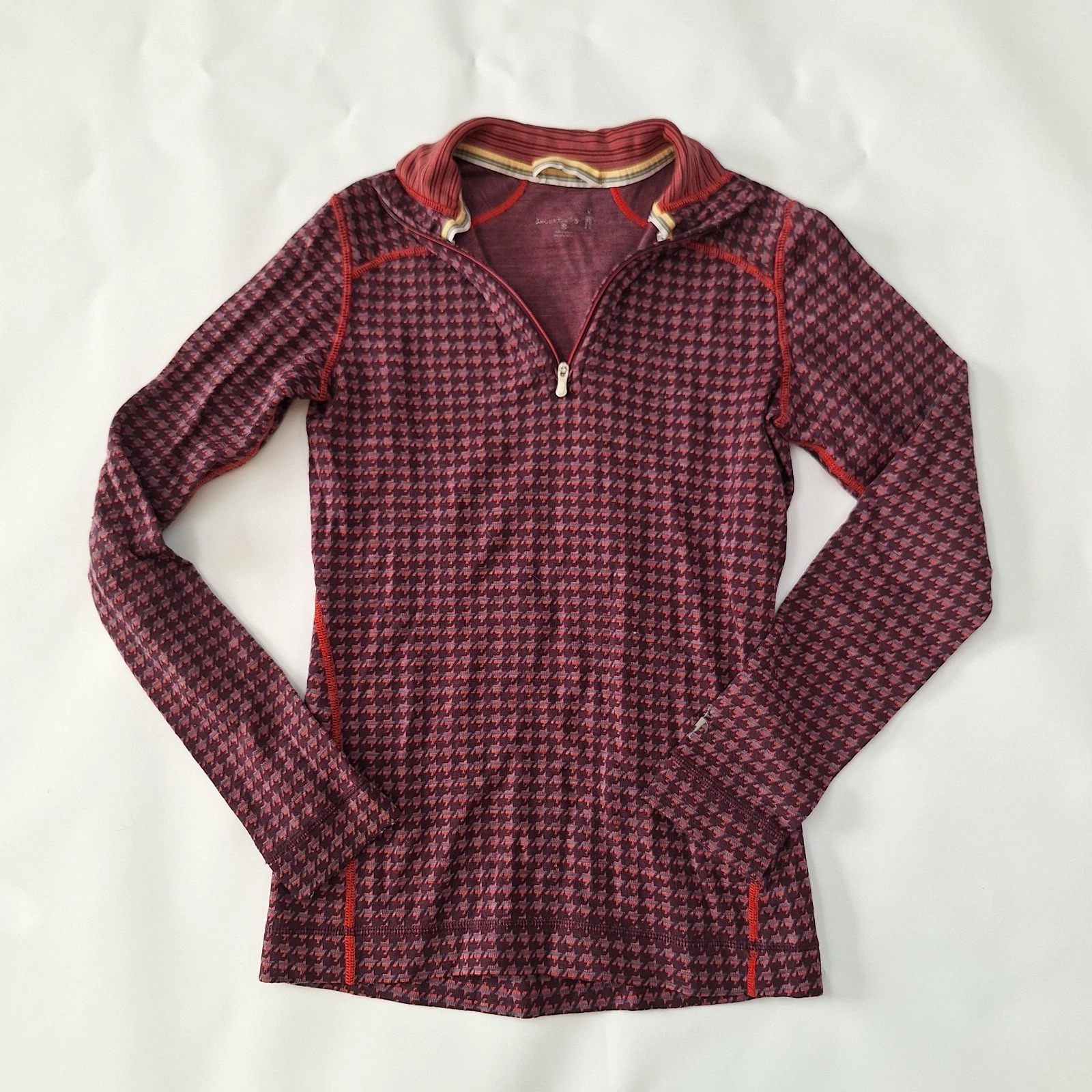 Smartwool Classic Thermal Merino Base Layer Quarter Zip Small Red Houndstooth