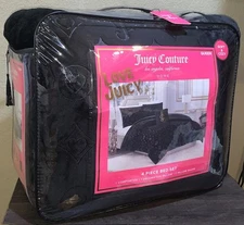 Juicy Couture Black Plush Crowns,Monogram,Hearts Embossed 4p QUEEN Comforter Set