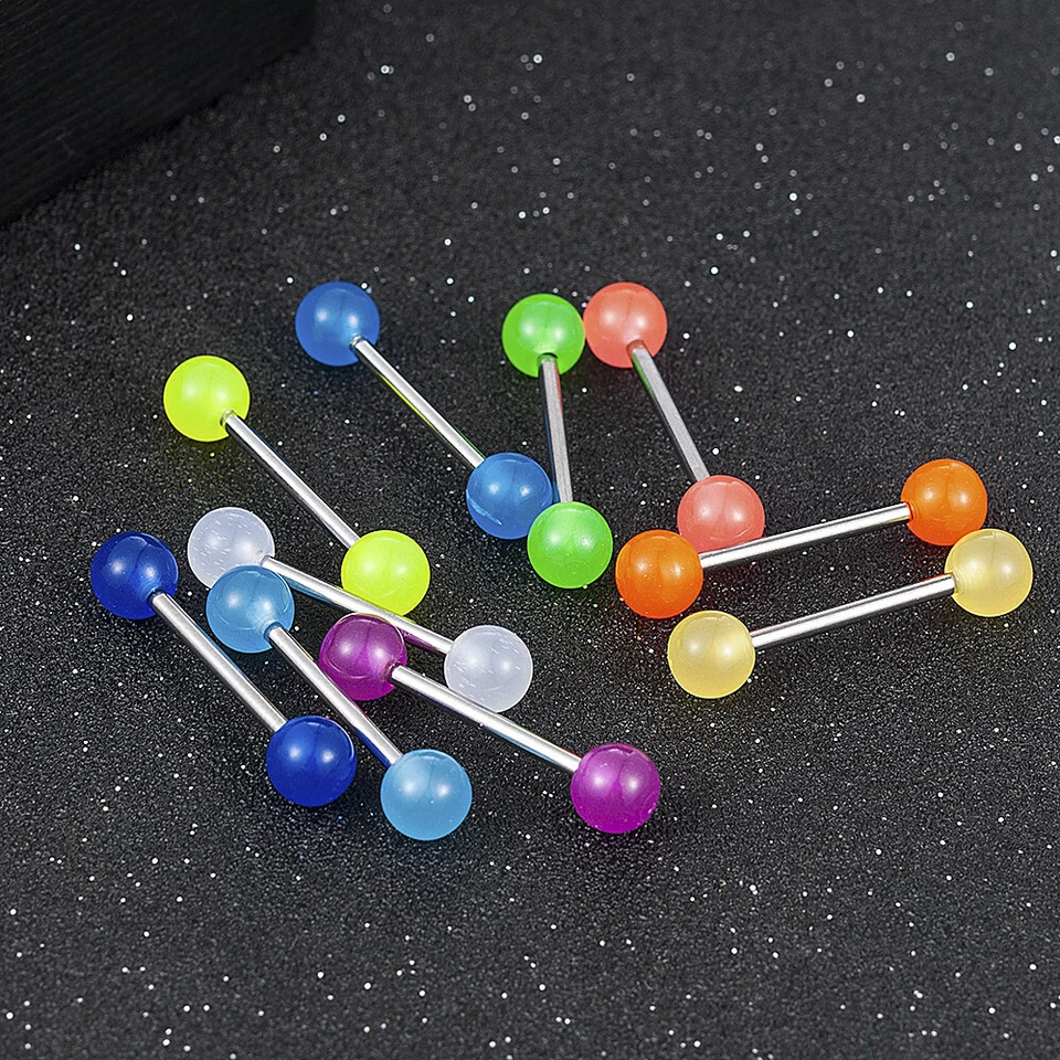 10Pcs Glow In Dark and Glitter Ball Tongue Rings Nipple Barbells Jewellery US - Image 4 of 4