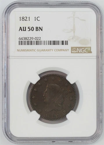 1821 1C US Large Cent Coronet Head Liberty Coin (NGC AU 50 BN AU50BN)
