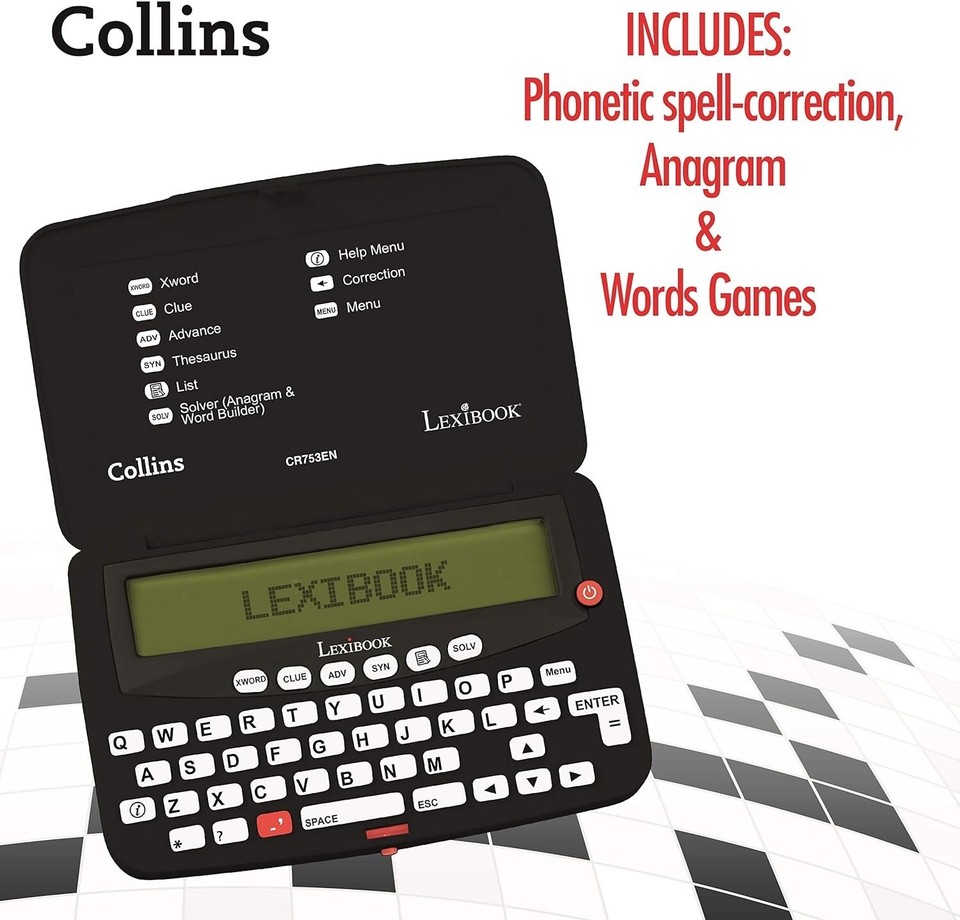 Lexibook Collins Bradford CR753EN - Solveur électronique de Mots croisés - Bradford - Correction phonétique de Sorts - Jeux de Mots - Électronique - avec Batterie - Noir/Blanc