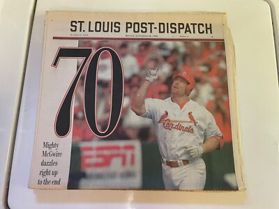 St Louis Post Dispatch Paper Mark McGwire Hr Record 62 & 70 Cardinals Maris